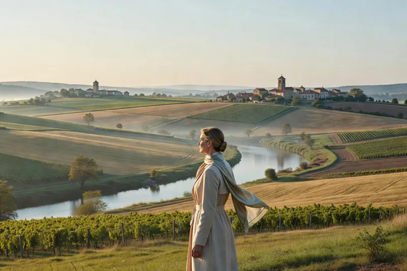 Une visiteuse observe depuis une colline un paysage de champs vallonnés, une rivière tranquille et des villages aux clochers de brique à l'horizon.