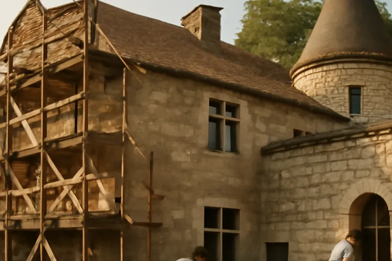 Façade sud du château d'Enjaux avec ses tours carrées, en cours de restauration