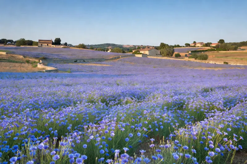 Champ de pastel en fleurs dans la campagne du Lauragais tarnais