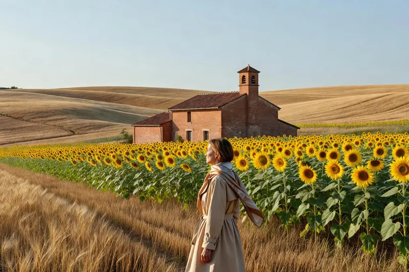 Une femme se tient au bord d'un champ de tournesols, devant un petit bâtiment de brique rouge à clocheton posé sur des collines de céréales.