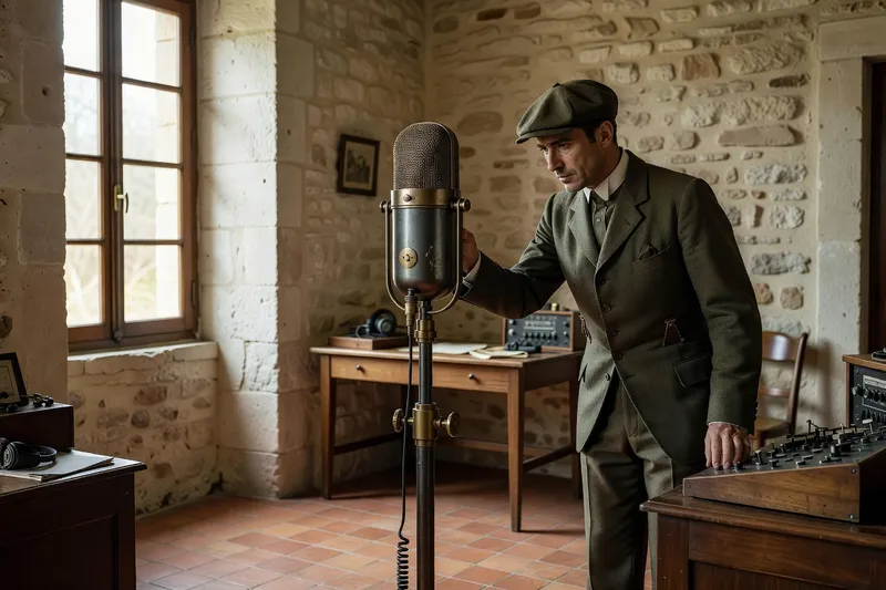 Émetteur radio des années 1920 sur une colline, pylônes métalliques se détachant sur le ciel