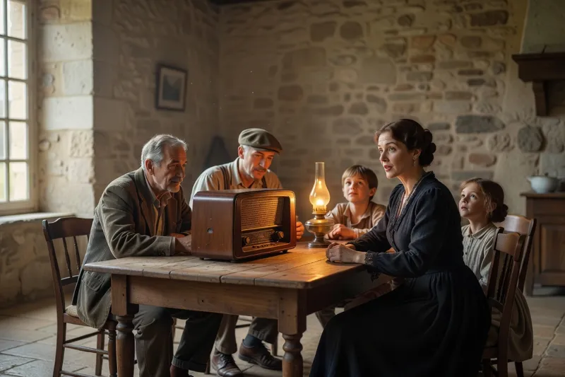 Une famille réunie autour d'un poste de radio en bois, sur la table d'une cuisine de ferme des années 1930, écoute attentivement.