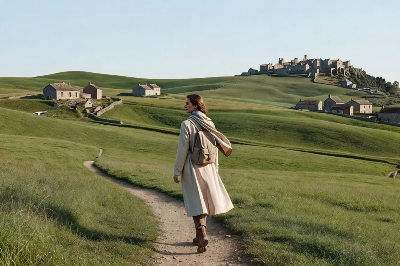 Une randonneuse avec un petit sac à dos suit un sentier à travers des collines vertes et douces, un village perché au loin.
