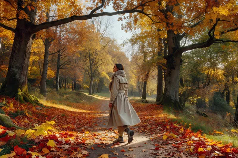 Une promeneuse emprunte un sentier forestier sous de grands chênes et hêtres, dans une lumière d'automne tachetée.