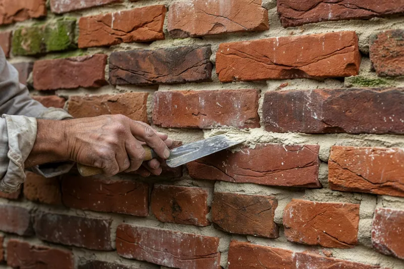Artisan rejointoyant un mur de brique ancienne au mortier de chaux
