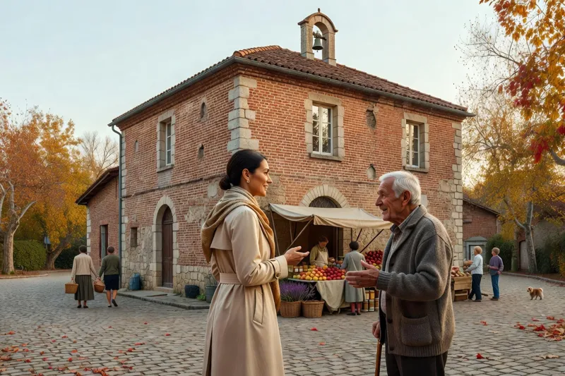 Sur la place d'un petit village de brique, une femme discute avec une habitante près d'un modeste étal de marché.