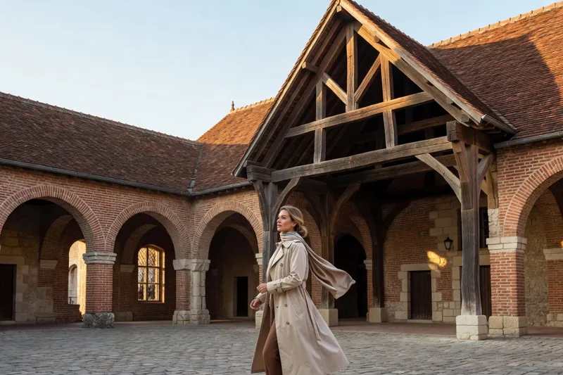 Une promeneuse passe sous les arcades de brique de la place centrale d'une bastide, devant une halle couverte à charpente de bois.