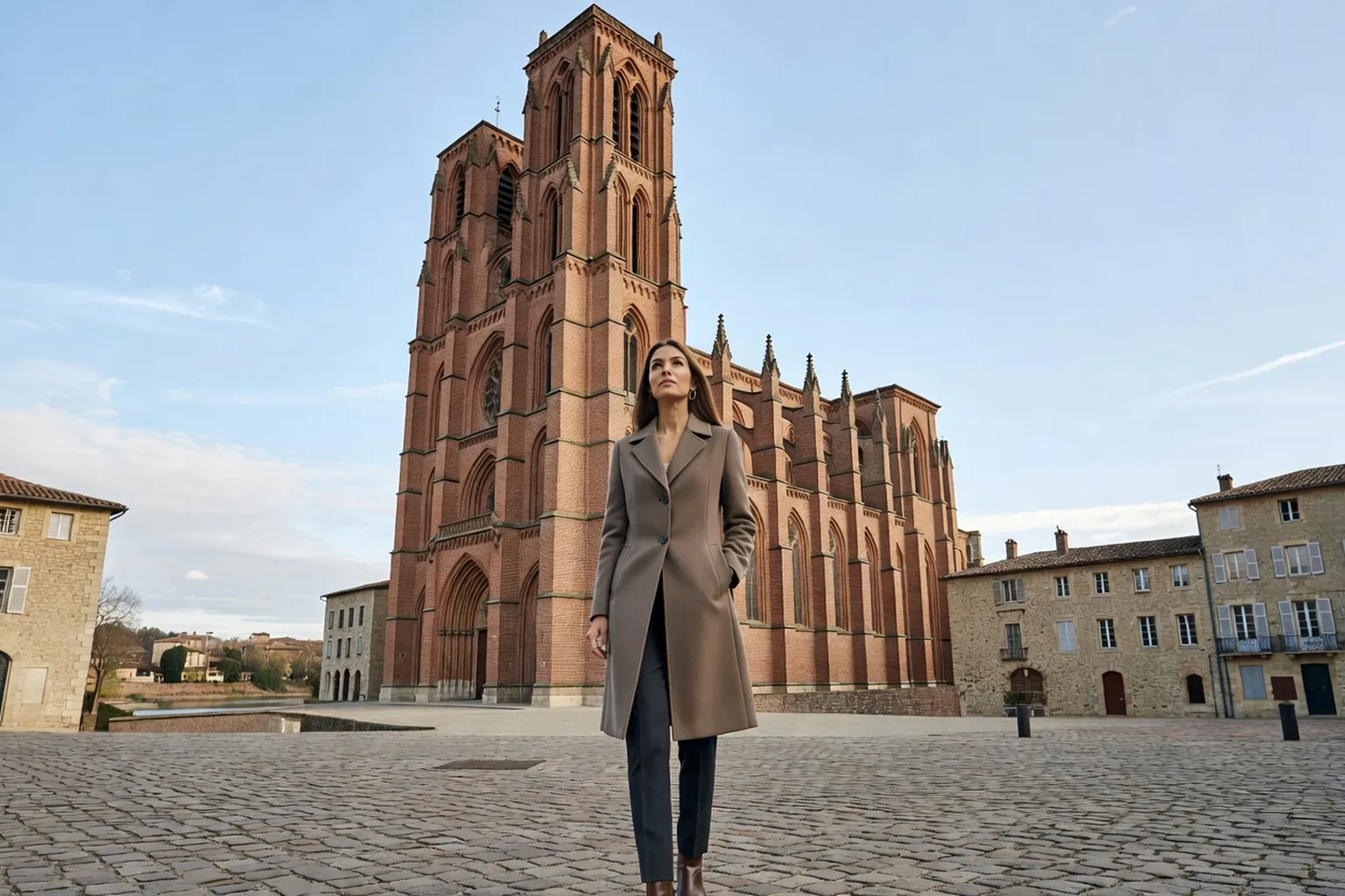 Une femme élégante observe la cathédrale Sainte-Cécile d'Albi depuis les abords de la cité épiscopale.