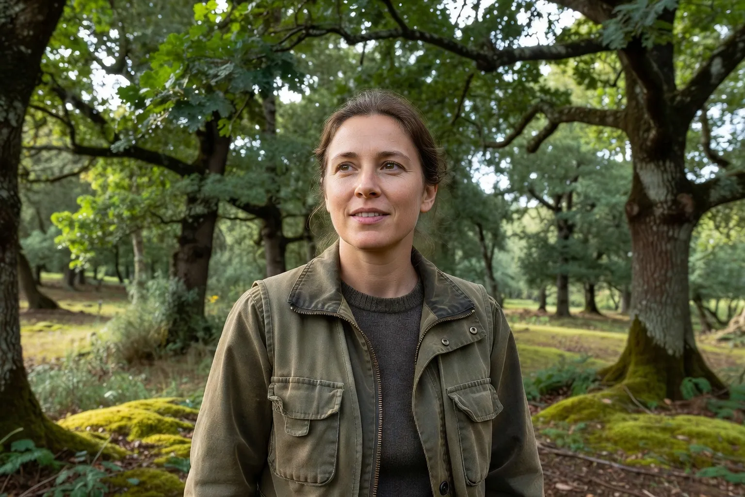 Portrait d'une naturaliste en tenue de terrain devant une forêt de chênes aux feuillages flous.